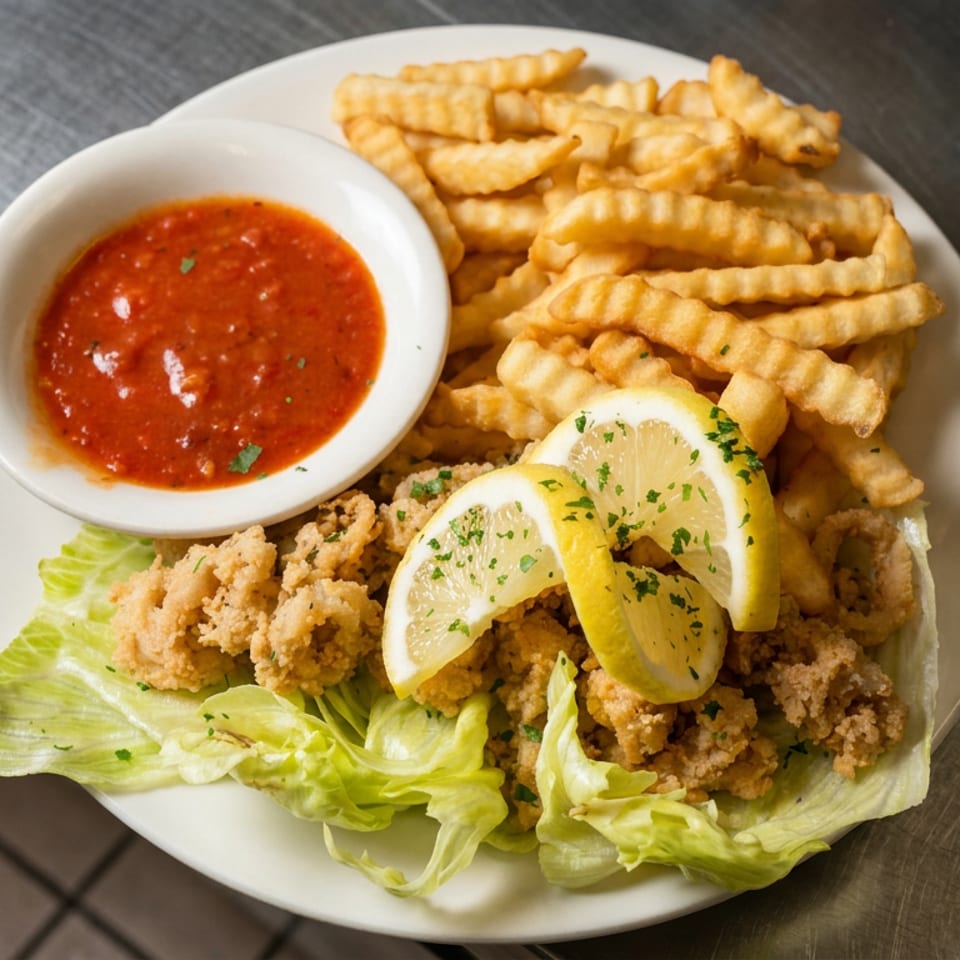 Plate of fried calamari with lemon wedges, crinkle-cut fries, lettuce, and marinara dipping sauce on a metal table.