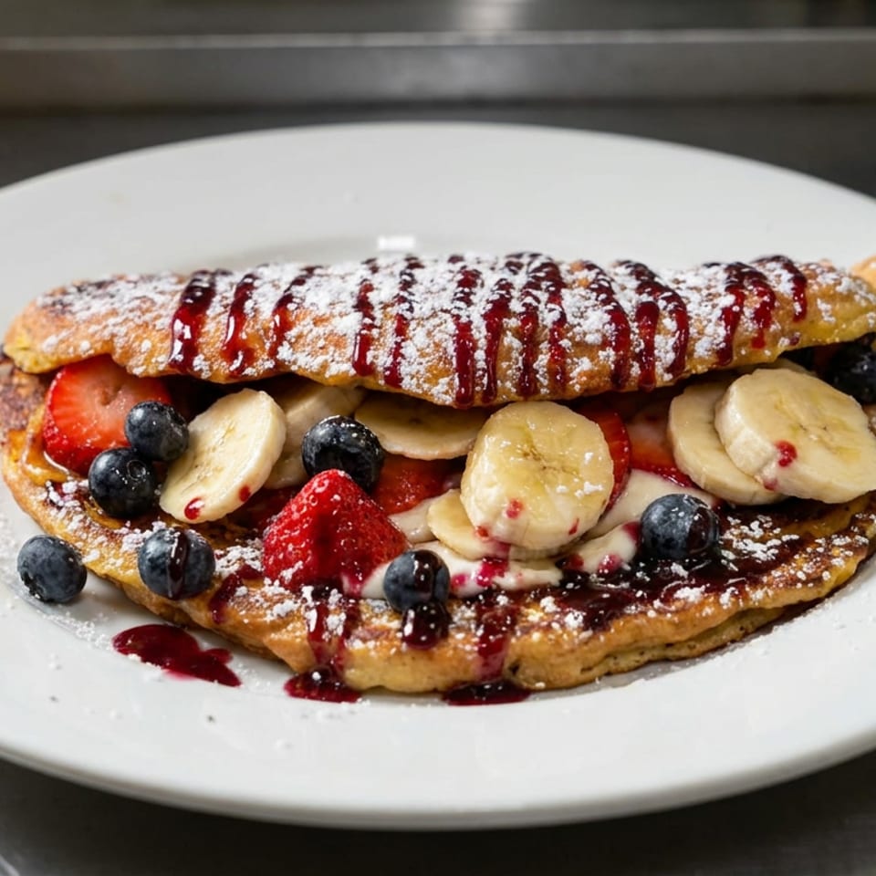 Fruit-filled folded crepe topped with powdered sugar and berry sauce on a white plate.