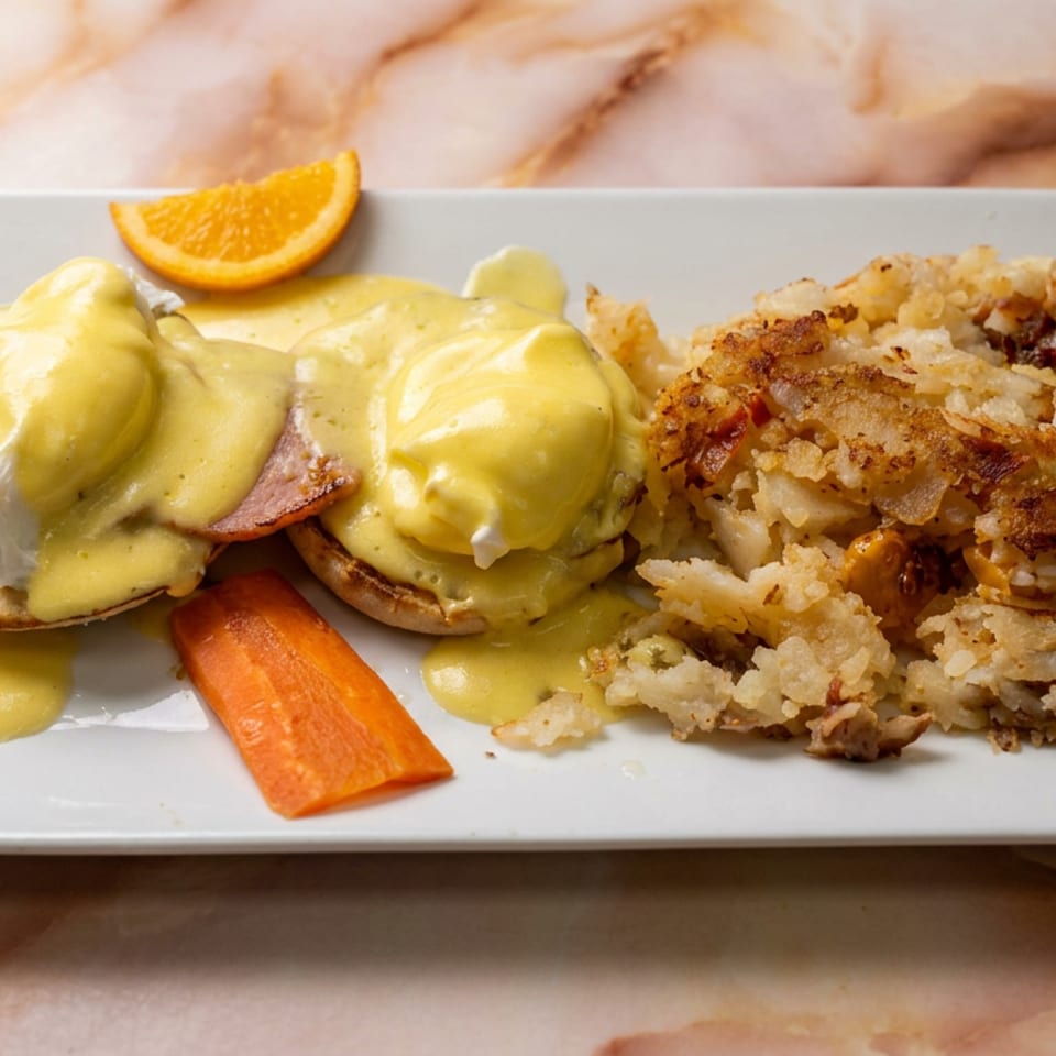 Eggs Benedict with hollandaise sauce, crispy potatoes, carrots, and an orange wedge served on a rectangular plate.
