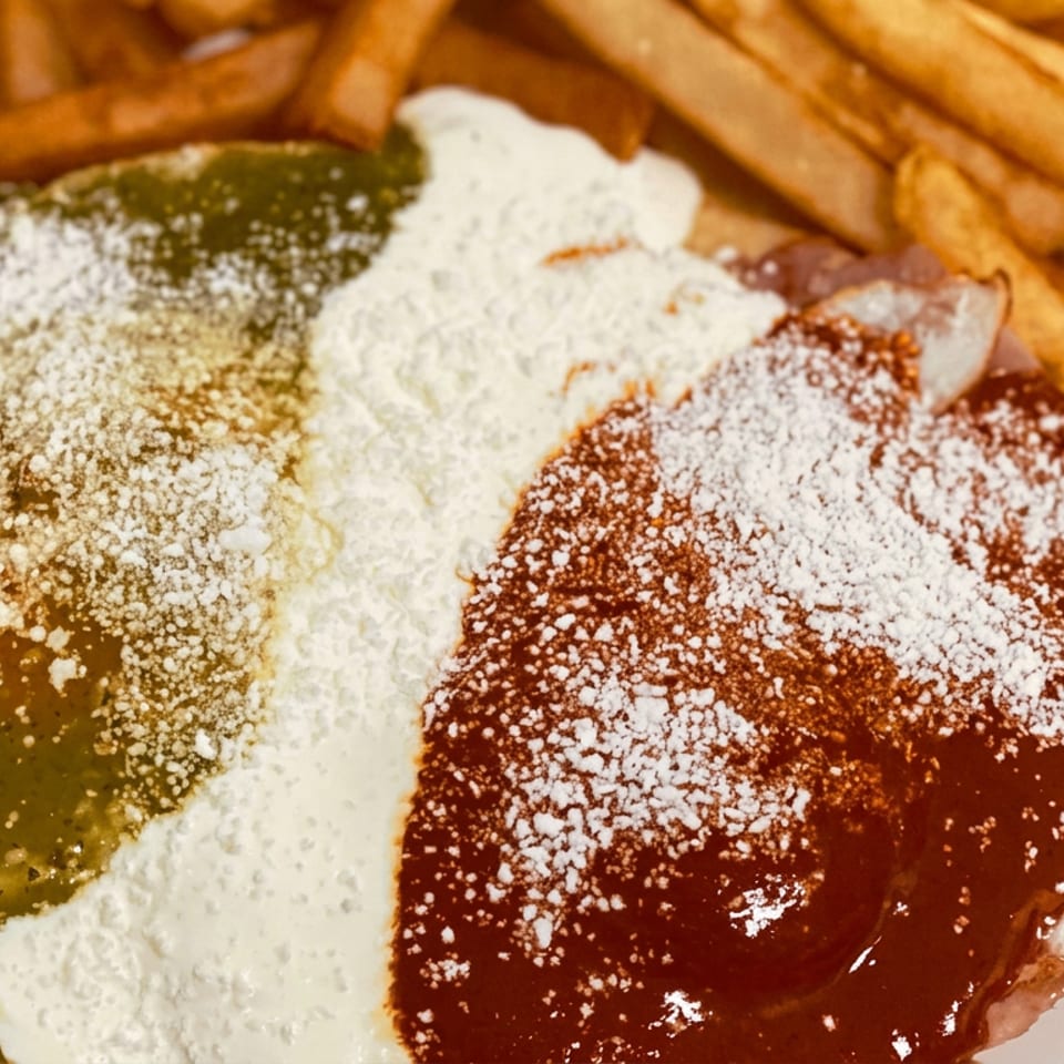 Plate of sauced enchiladas topped with powdered cheese and cream, served with golden fries.