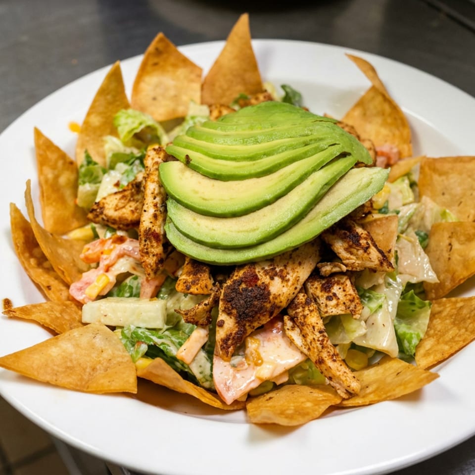 Plate of tortilla chips topped with grilled chicken, avocado slices, lettuce, vegetables, and creamy dressing.